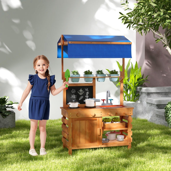 Fir Wood Play Kitchen with Adjustable Canopy and Sink-