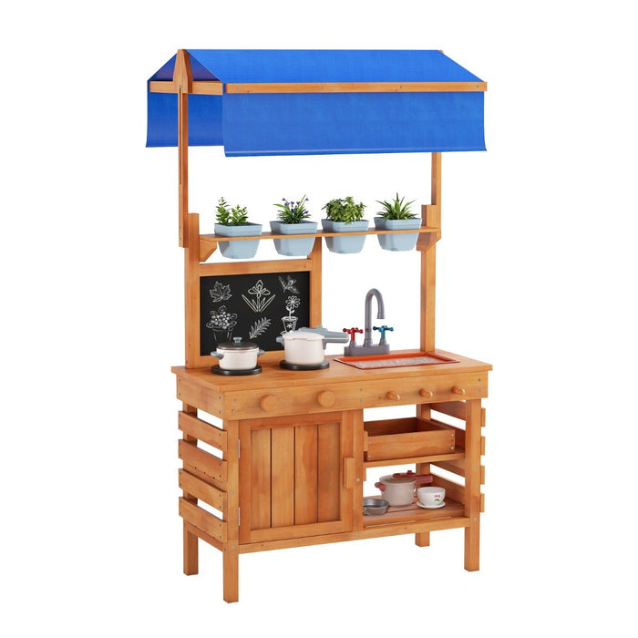 Fir Wood Play Kitchen with Adjustable Canopy and Sink-