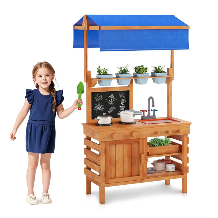 Fir Wood Play Kitchen with Adjustable Canopy and Sink-