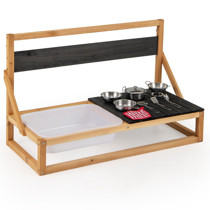 Fir Wood Pretend Play Kitchen with Hanging Hooks and Blackboard-Natural