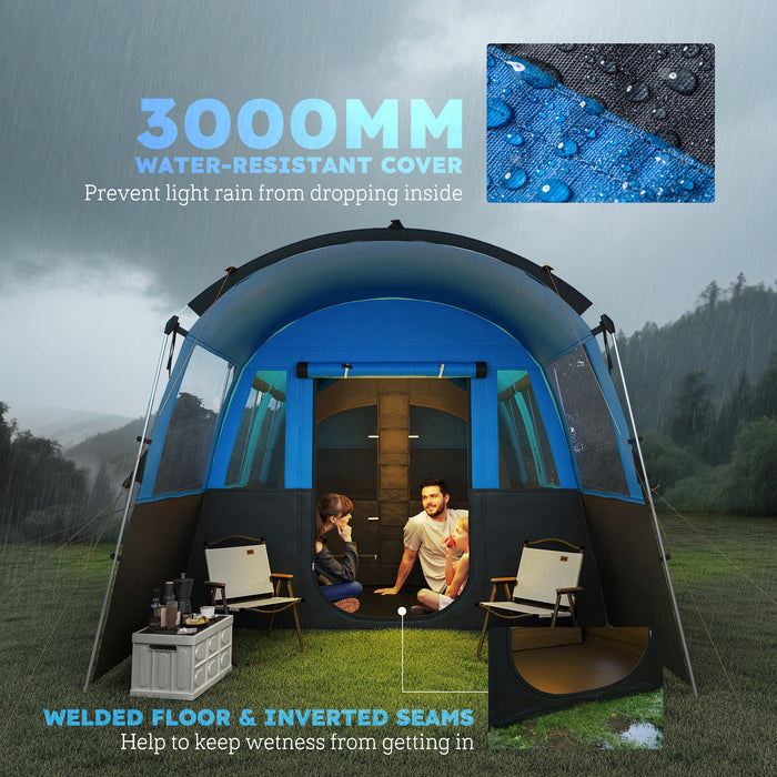 Outsunny 8-Person Camping Tent, Waterproof Family Tent, Tunnel Design, 4 Large Windows, Sleeping Cabins 3000mm Water Column Blue
