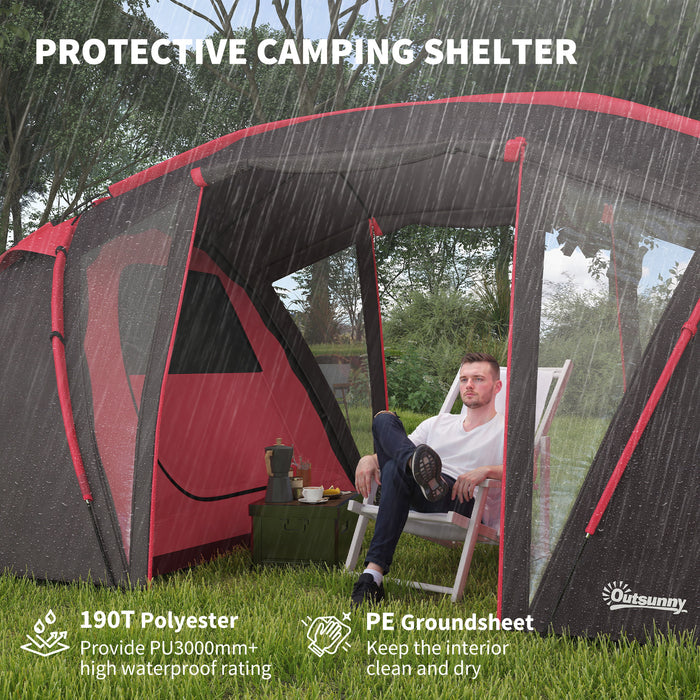 Outsunny 4-6 Man Family Camping Tent w/ 2 Bedrooms and a Living Room, Waterproof Tunnel Tent w/ Sewn In Groundsheet, Doors, Windows, Carry Bag, Grey