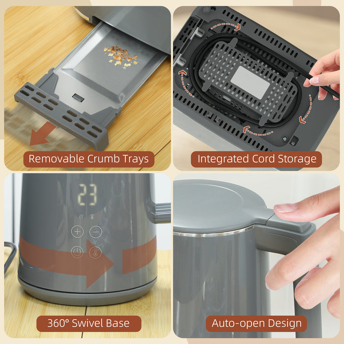 HOMCOM Digital Kettle and Toaster Set, 1.5L 3000W Fast Boil Kettle, 2 Slice Toaster Kitchen Set with 7 Level Browning Controls, Defrost, Reheat, Keep Warm, Crumb Tray and LED Touch Display, Grey