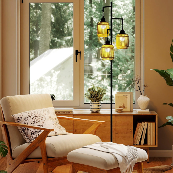 3-Light Floor Lamp with 3 Boho Paper Woven Lampshades and Weighted Base-