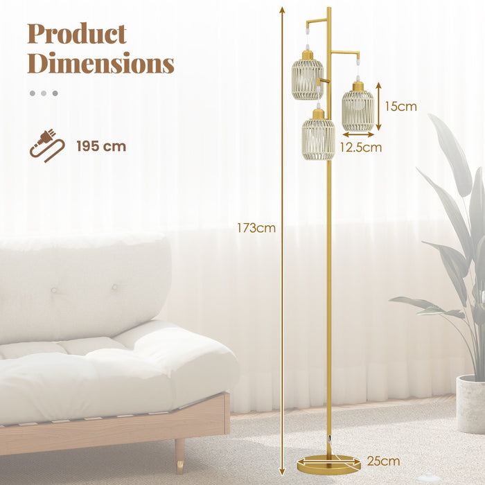 3-Light Floor Lamp with 3 Boho Paper Woven Lampshades and Weighted Base-