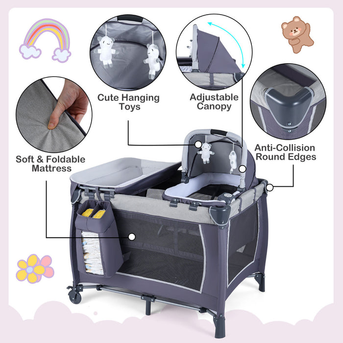 Foldable Pack and Play Portable Baby Playard with Rocking Bassinet and Diaper Changing Table-