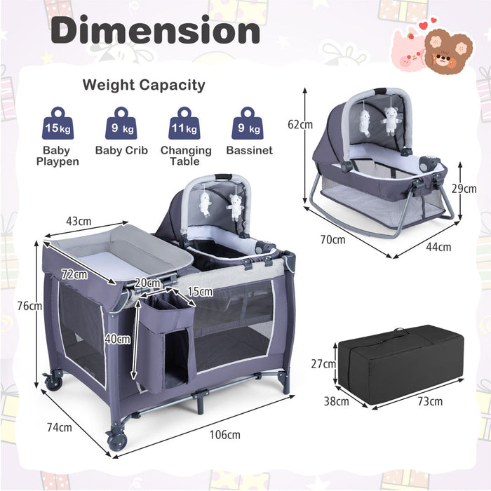 Foldable Pack and Play Portable Baby Playard with Rocking Bassinet and Diaper Changing Table-