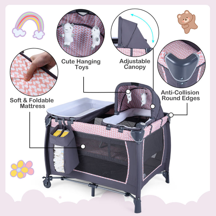 Foldable Pack and Play Portable Baby Playard with Rocking Bassinet and Diaper Changing Table-