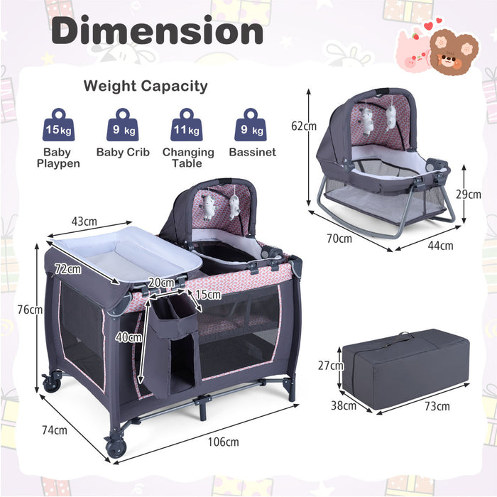 Foldable Pack and Play Portable Baby Playard with Rocking Bassinet and Diaper Changing Table-
