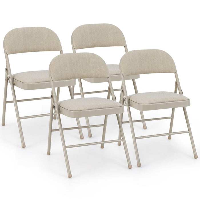 Set of 4 Folding Fabric Padded Chairs with Sponge Seat and Backrest-Beige