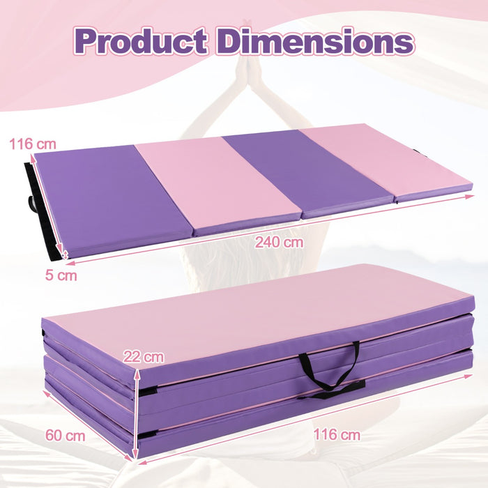 Folding Gymnastics Mat with Carry Handles Hook and Loop Fasteners-Pink & Purple