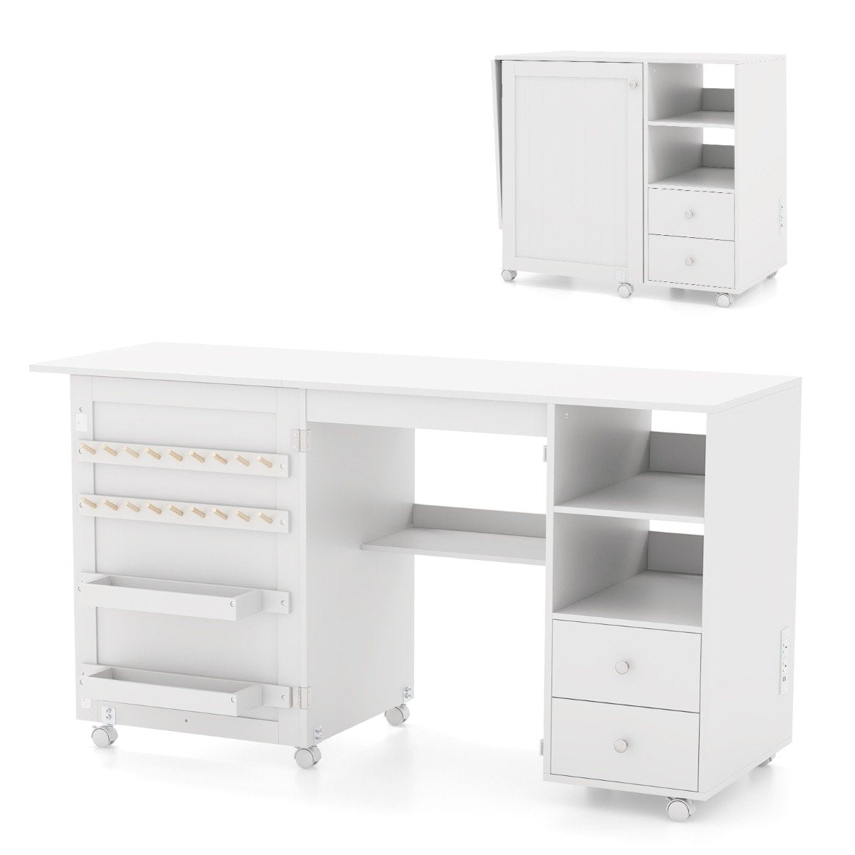 Folding Sewing Table with Charging Station and Storage Shelves-