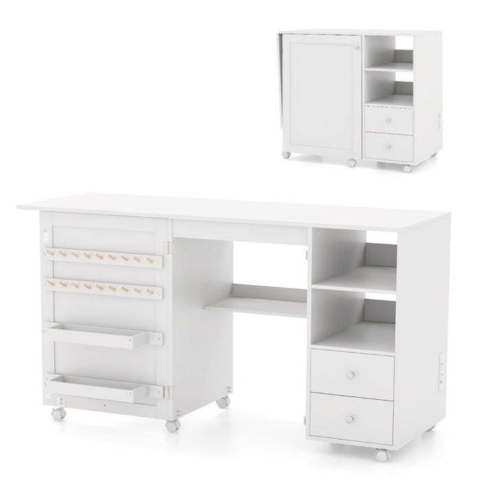 Folding Sewing Table with Charging Station and Storage Shelves-