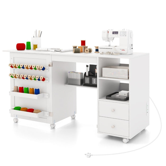 Folding Sewing Table with Charging Station and Storage Shelves-