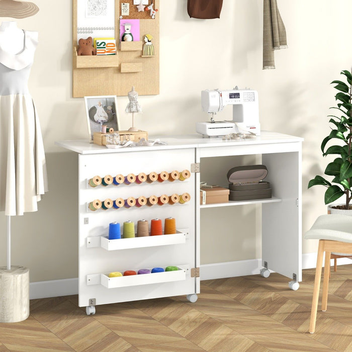 Folding Sewing Table with Storage Shelf and 5 Lockable Wheels-