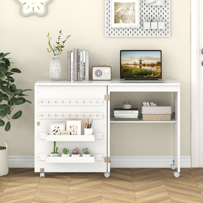 Folding Sewing Table with Storage Shelf and 5 Lockable Wheels-