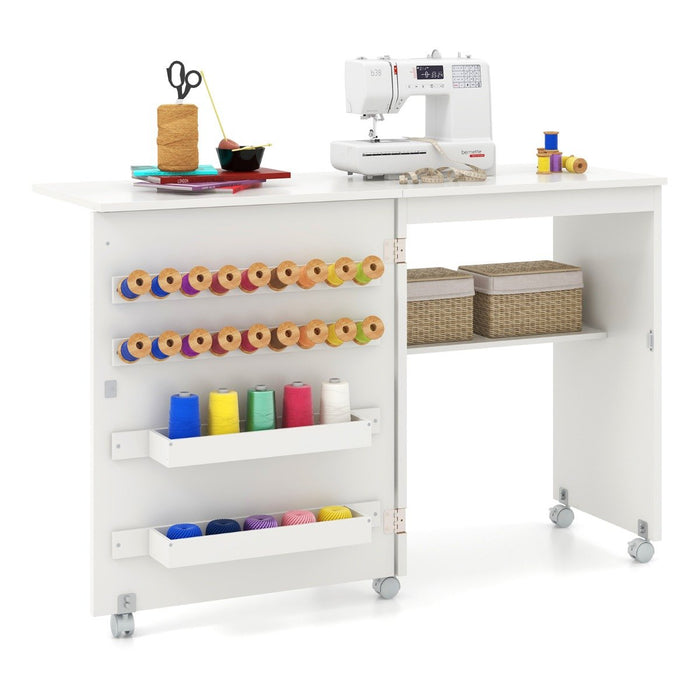 Folding Sewing Table with Storage Shelf and 5 Lockable Wheels-