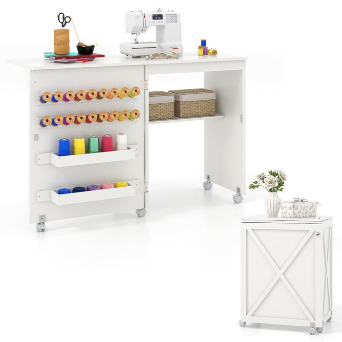 Folding Sewing Table with Storage Shelf and 5 Lockable Wheels-