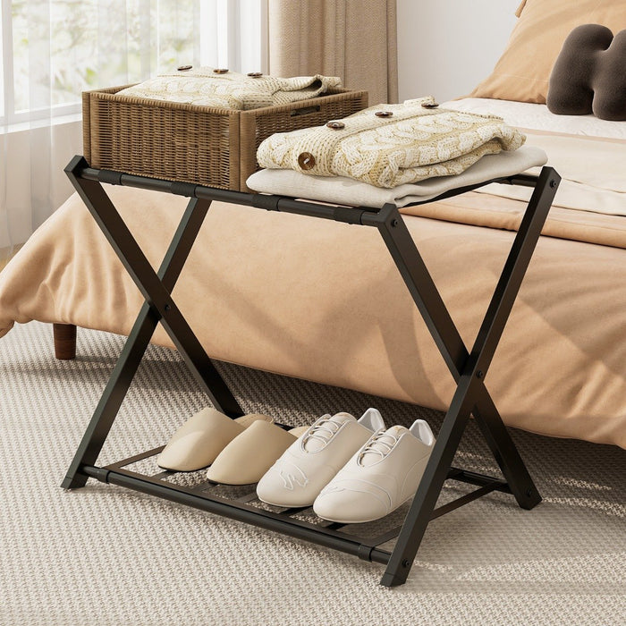 Folding Suitcase Stand with Storage Shelf for Guest Room Bedroom-