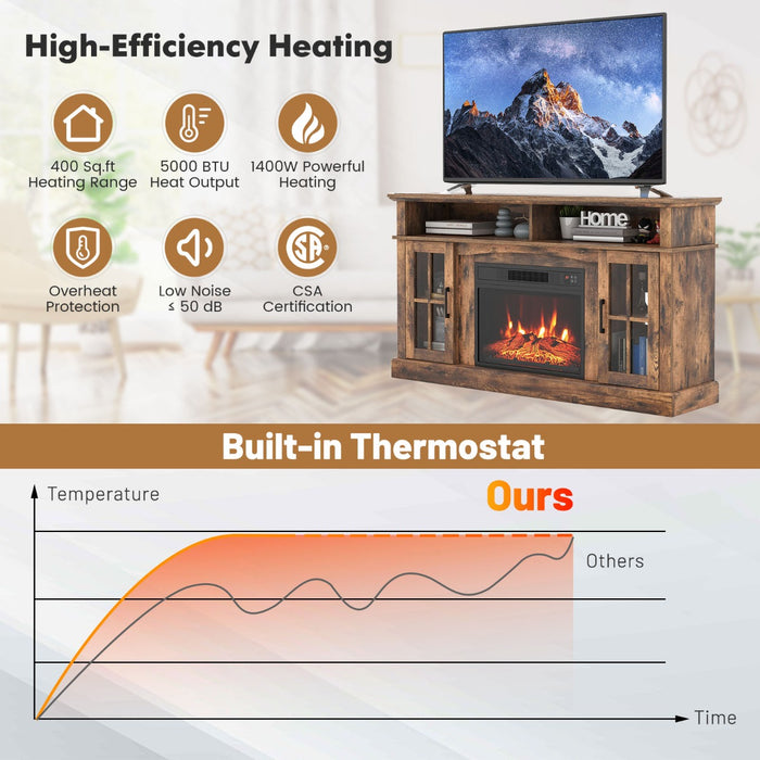 58 Inch Rustic Fireplace TV Stand with 2 Open Storage Compartments-