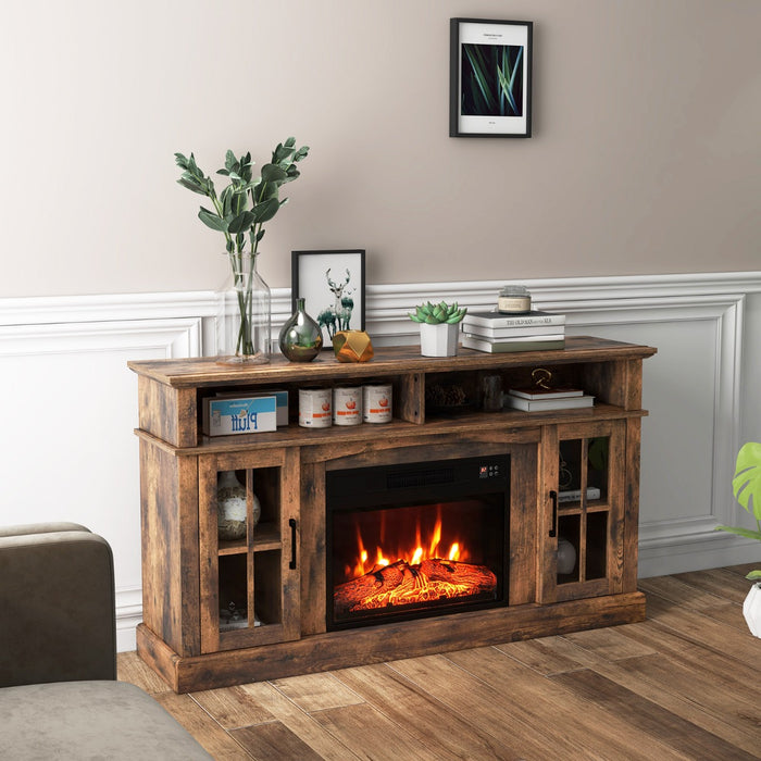 58 Inch Rustic Fireplace TV Stand with 2 Open Storage Compartments-