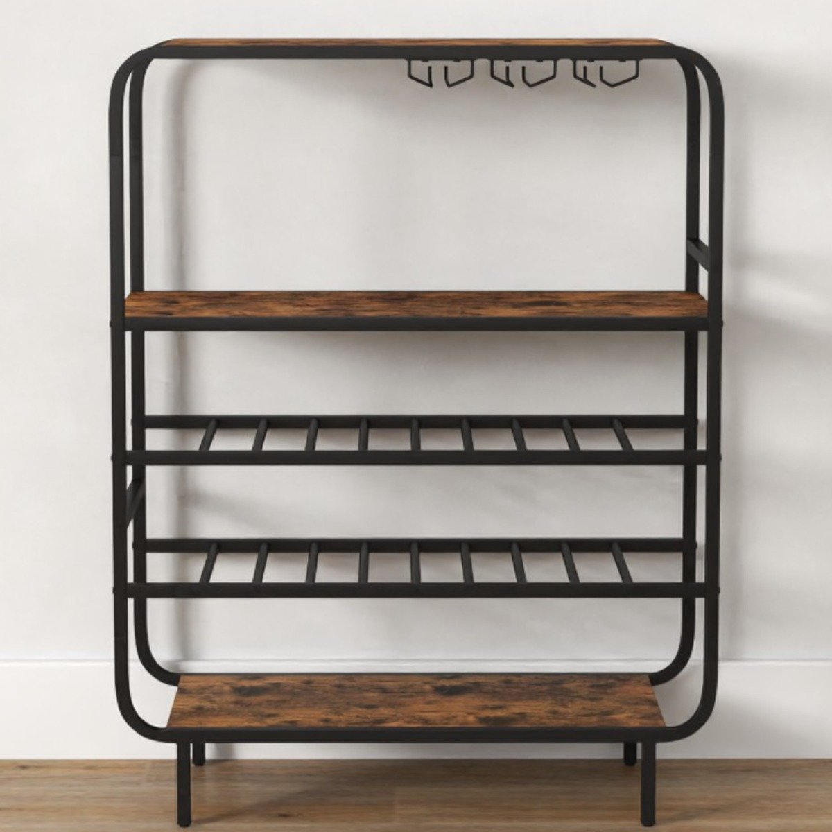 Freestanding Floor 5-Tier Wine Shelf with Glass Holders-Rustic Brown