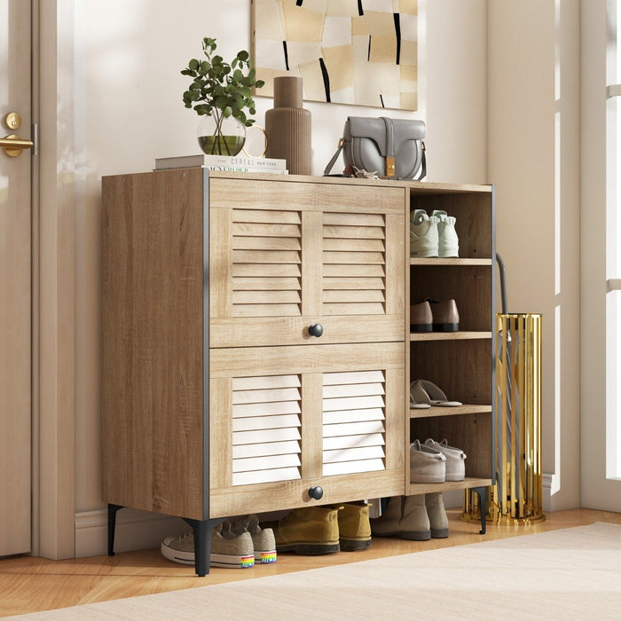 Freestanding Shoe Storage Cabinet Organizer with Flip Doors-Oak
