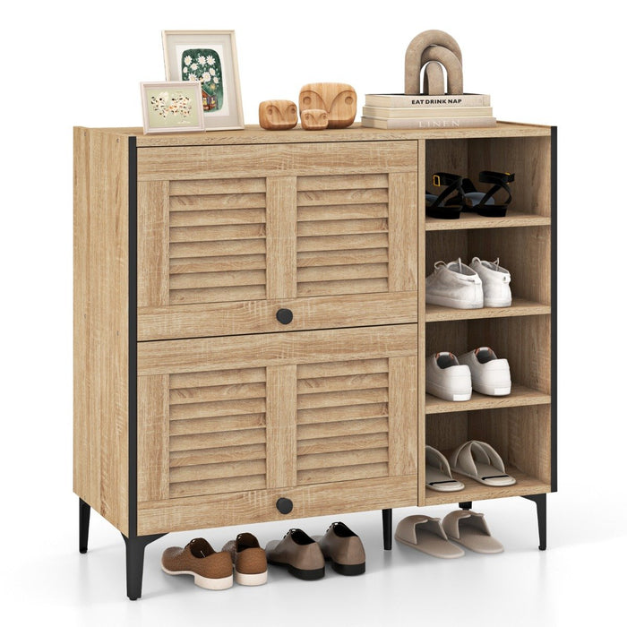 Freestanding Shoe Storage Cabinet Organizer with Flip Doors-Oak