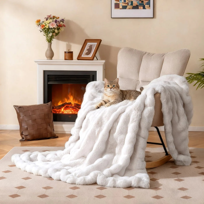 Fuzzy Plush Rabbit Fur Bubble Blanket for Bed Armchair Sofa-