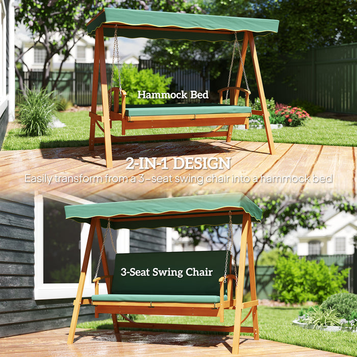 Outsunny 3 Seater 2-in-1 Wooden Garden Swing Seat Swing Chair Outdoor Convertible Hammock Bench Furniture Lounger Bed Wood, Dark Green