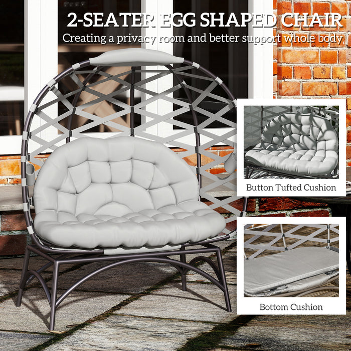 Outsunny 2 Seater Egg Chair Outdoor, Folding Weave Garden Furniture Chair with Cushion, Cup Pockets - Light Grey