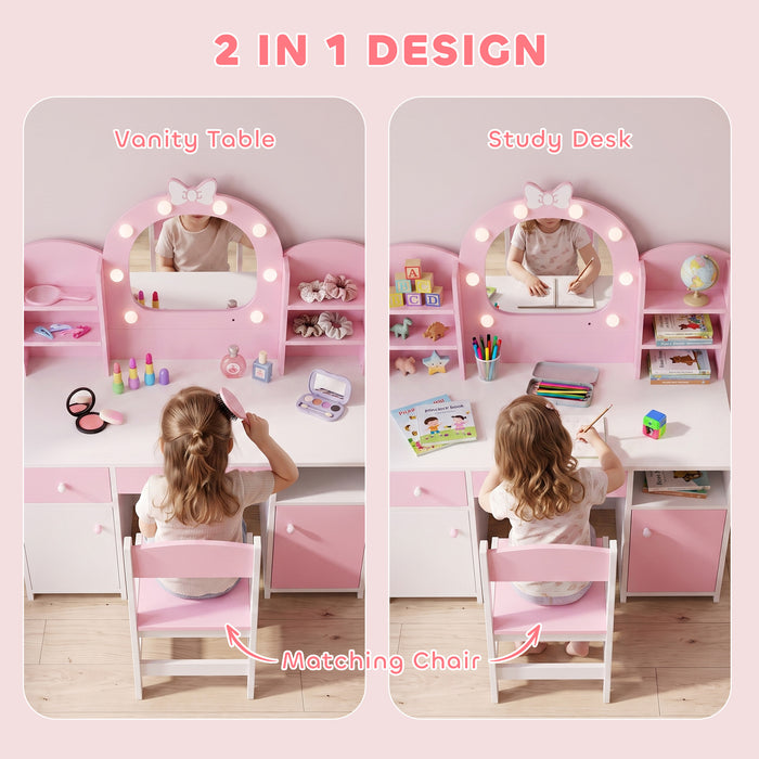 AIYAPLAY Kids Vanity Set, Girls Dressing Table with Stool, 2-Colour Lights Mirror, Cabinet, Drawer and Shelves, Pink
