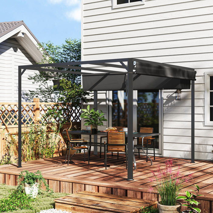 Outsunny 3 x 3(m) Garden Pergola with Retractable Roof Canopy and Roller Shade, Aluminium Pergola Kit Gazebo, UPF30+ Sun Shade Shelter for Deck, Porch, Dark Grey