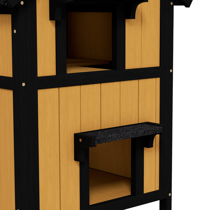 PawHut Wooden Cat House with Flower Pot, Windows, Multiple Entrances, Water-Resistant Roof for Outdoor - Yellow