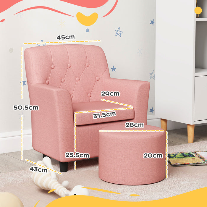 Kids Sofa Set with Footrest - 2-Piece Comfy Playroom and Bedroom Furniture in Pink - Ideal for Children's Relaxation and Seating Needs