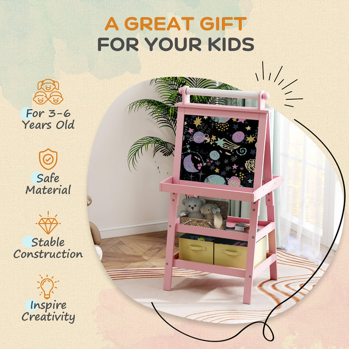 AIYAPLAY 3 in 1 Kids Easel Double-Sided Magnetic Whiteboard and Chalkboard with Paper Roll, Storage Baskets - Pink | Aosom UK