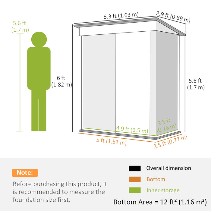 Outsunny 5 x 3ft Garden Storage Shed with Sliding Door and Sloped Roof Outdoor Equipment Tool, Light Grey