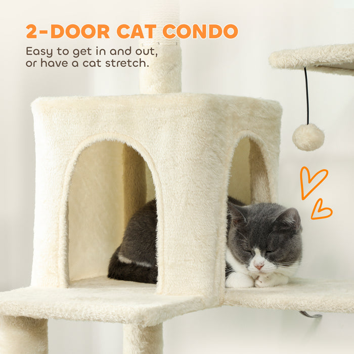 PawHut 202cm Cat Tree with 6 Scratching Posts, 2 Hammocks, 2 Condos, 2 Perches, Pompoms, for Cats to Rest and Play, Beige