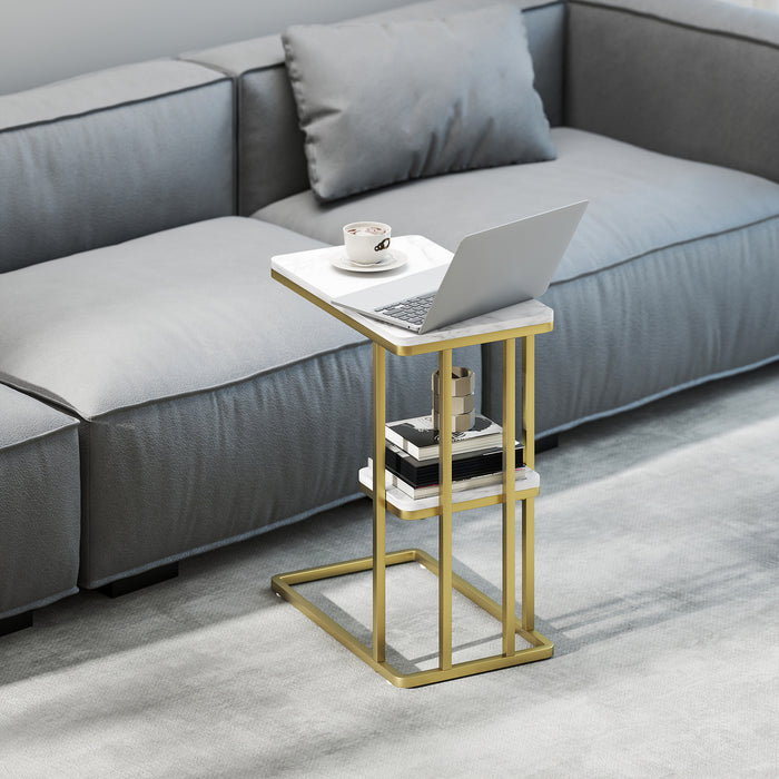 HOMCOM C-Shaped Narrow Side Table, 2-Tier Slim End Table, Nightstand for Small Spaces, Living Room, Bedroom, White Marble Grain