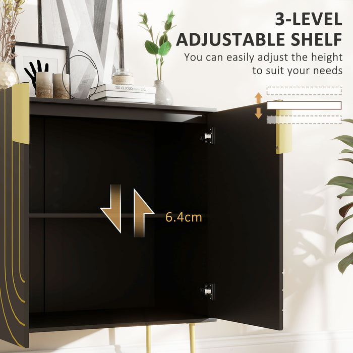 Art Deco-Inspired Sideboard with Adjustable Shelving - Sleek Black Finish with Gold Tone Accents - Elegant Storage Solution for Contemporary Homes