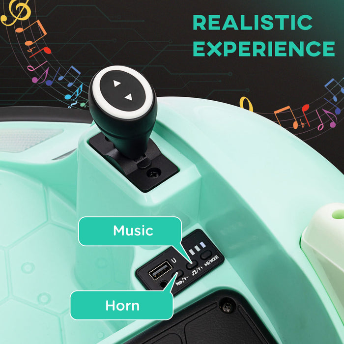 AIYAPLAY 360° Rotation Kids Bumper Car, 12V Waltzer Car with Remote Control, Dual Joysticks, Music Lights - Green | Aosom UK