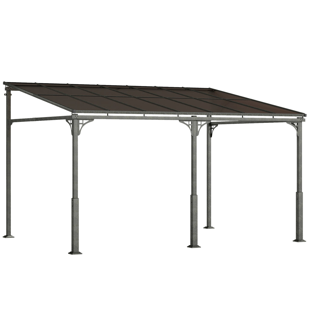 Outsunny 4 x 3 m Metal Lean-to Pergola, Wall-Mounted Garden Pergola with Polycarbonate Roof and Metal-Aluminium Frame, Heavy Duty Hardtop Gazebo for Outdoor Patios, BBQ, Brown