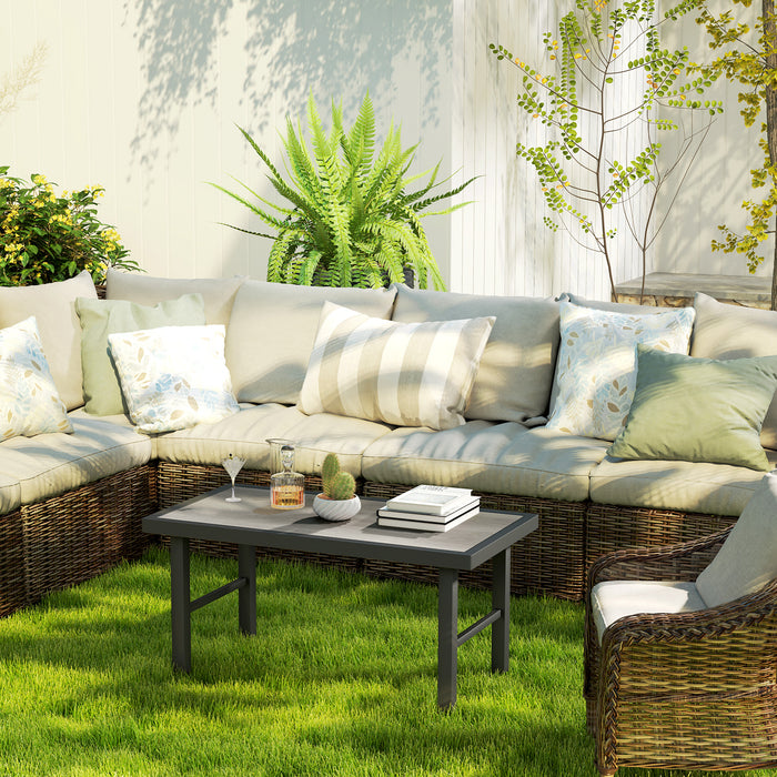 Outsunny Metal Garden Coffee Table, Outdoor Side Table with SPC Woodgrain Tabletop for Outside, Garden, Balcony, Porch, 100 x 53 x 46cm, Grey Wood Effect