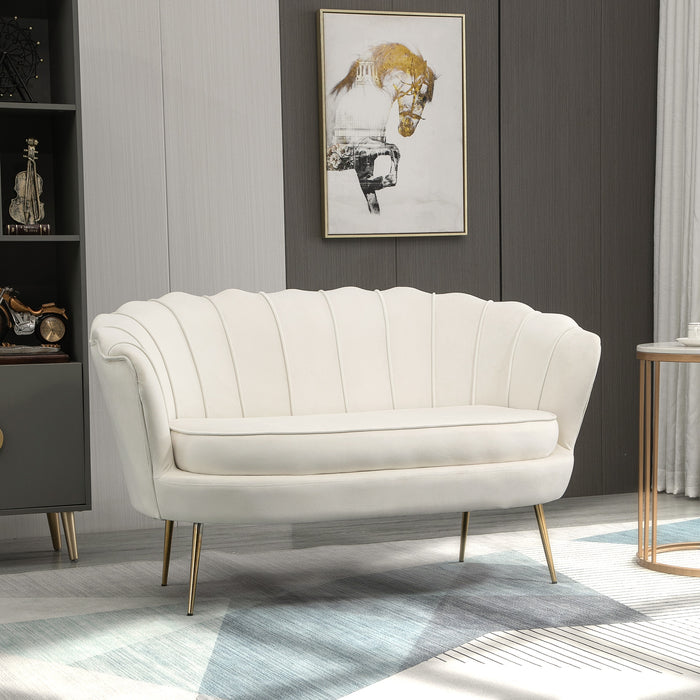 Modern Velvet Loveseat - Elegant 2-Seater Sofa with Petal Backrest & Gold Steel Legs - Ideal for Living Room and Bedroom Comfort in Cream Color