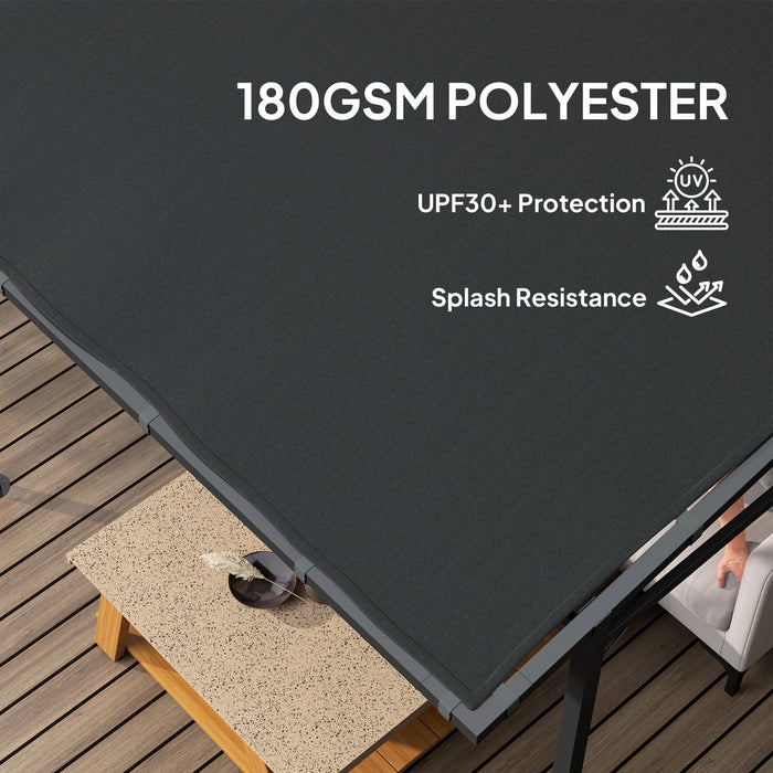 Outsunny 2.4 x 2.4 m Wall Mounted Pergola Gazebo with PA Coating Fabric and Metal Frame, UPF30+, Lean to Garden Gazebo, Wind Resistant Outdoor Sun Shade Shelter for Garden, Deck, Dark Grey