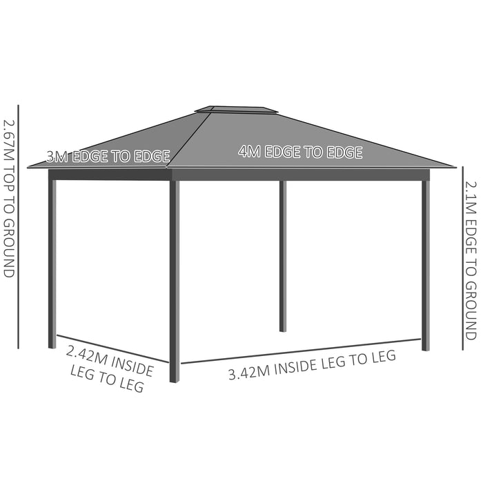 Aluminium Frame Patio Gazebo Canopy 4x3m - Vented Roof with Netting and Curtains in Grey - Ideal Outdoor Shelter for Garden and Deck Entertainment