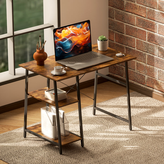 HOMCOM Industrial-Style Work Desk, with Shelves - Brown/Black