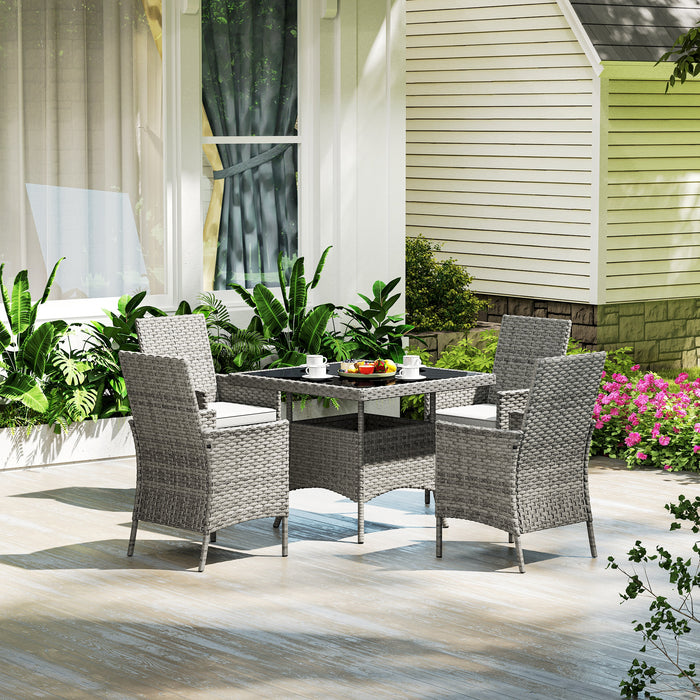 Outsunny Rattan Garden Furniture Set, Outdoor Dining Table and Chairs 4 Seater with Cushions, Square Tempered Glass Top, 4 Armchairs, for Balcony, Terrace, Conservatory, Grey