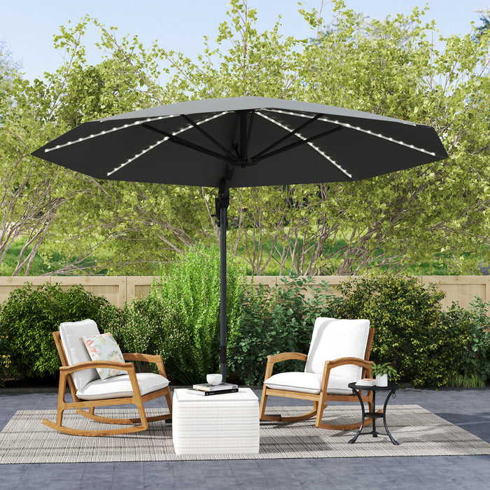 Outsunny 3(m) Cantilever Garden Parasol with Solar Powered Lights, Crank Handle & Cross Base, UPF 50+, 360° Rotation, Dark Grey