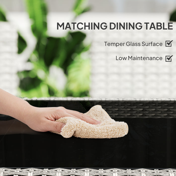 Outsunny Rattan Garden Furniture Set, 6 Seater Outdoor Dining Table and Chairs with Cushions, 150 x 90cm Rectangular Tempered Glass Table, 6 Armchairs, for Terrace, Conservatory, Balcony, Mixed-Grey